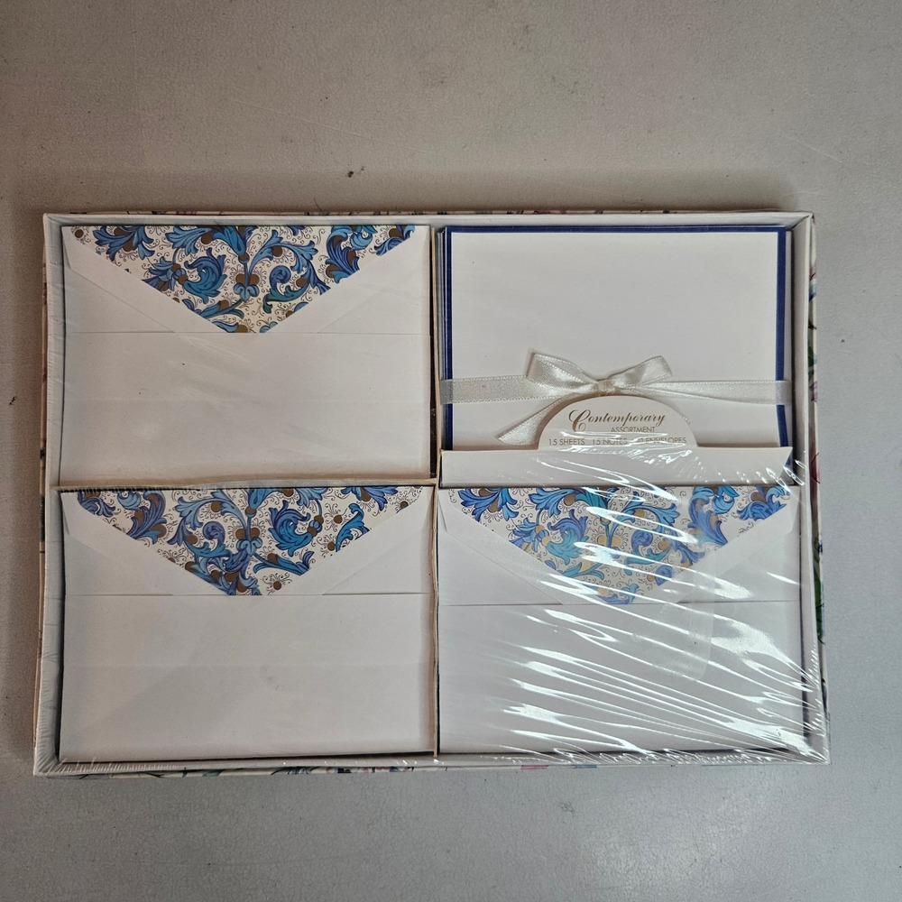 Contemporary Assortment Stationery Set 60pc Floral Box Blue Damask Envelopes NEW